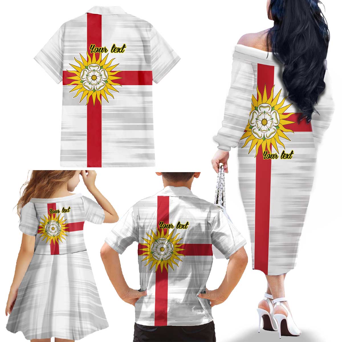 Yorkshire Heritage Personalized Family Matching Off The Shoulder Long Sleeve Dress and Hawaiian Shirt West Yorkshire White Rose - Wonder Print Shop