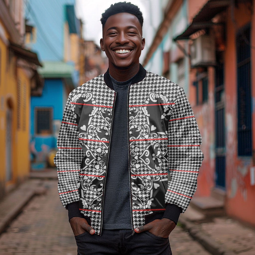 Charcoal Black Hearts Crown Traditional Geometry Bomber Jacket Seanamarena Basotho Blanket Inspired