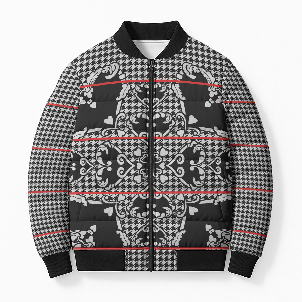 Charcoal Black Hearts Crown Traditional Geometry Bomber Puffer Jacket Seanamarena Basotho Blanket Inspired