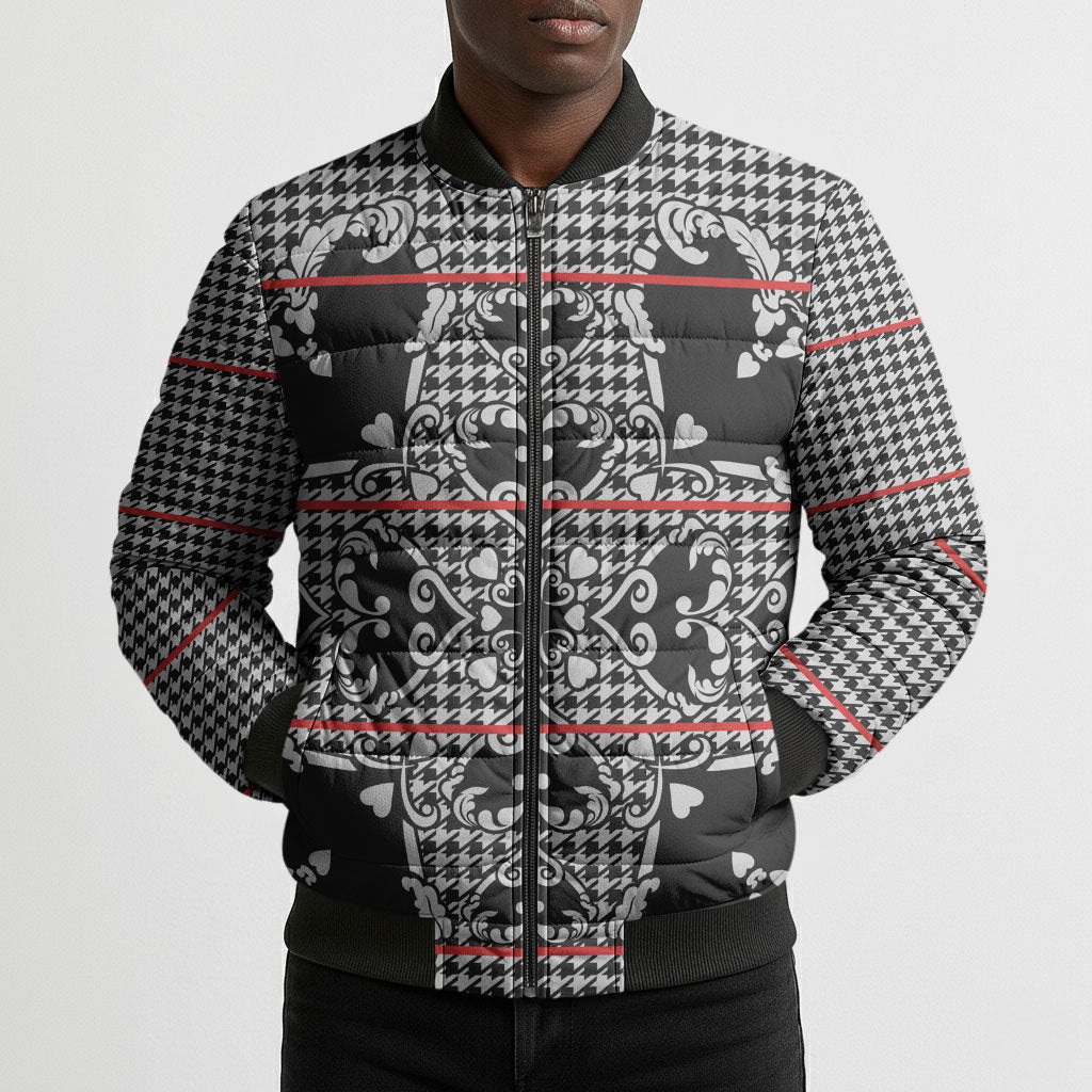 Charcoal Black Hearts Crown Traditional Geometry Bomber Puffer Jacket Seanamarena Basotho Blanket Inspired