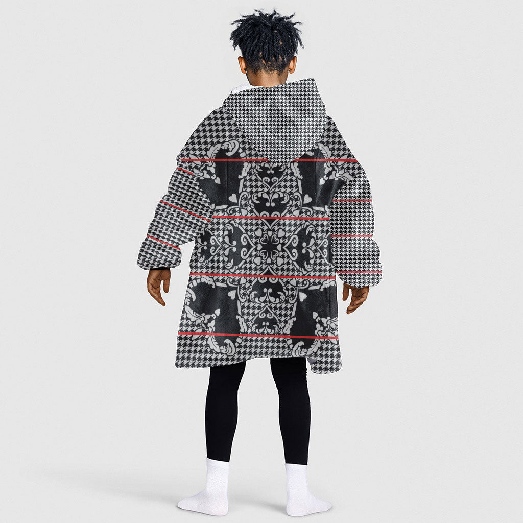 Charcoal Black Hearts Crown Traditional Geometry Kid Wearable Blanket Hoodie Seanamarena Basotho Blanket Inspired