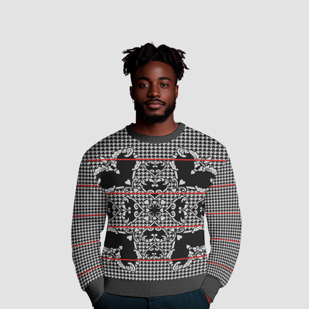 Charcoal Black Hearts Crown Traditional Geometry Ugly Christmas Sweater Seanamarena Basotho Blanket Inspired