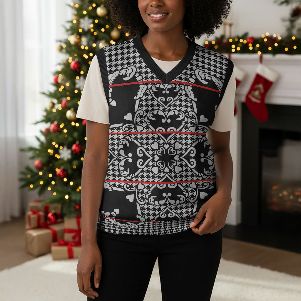 Charcoal Black Hearts Crown Traditional Geometry Christmas Knitted V-Neck Vest Seanamarena Basotho Blanket Inspired