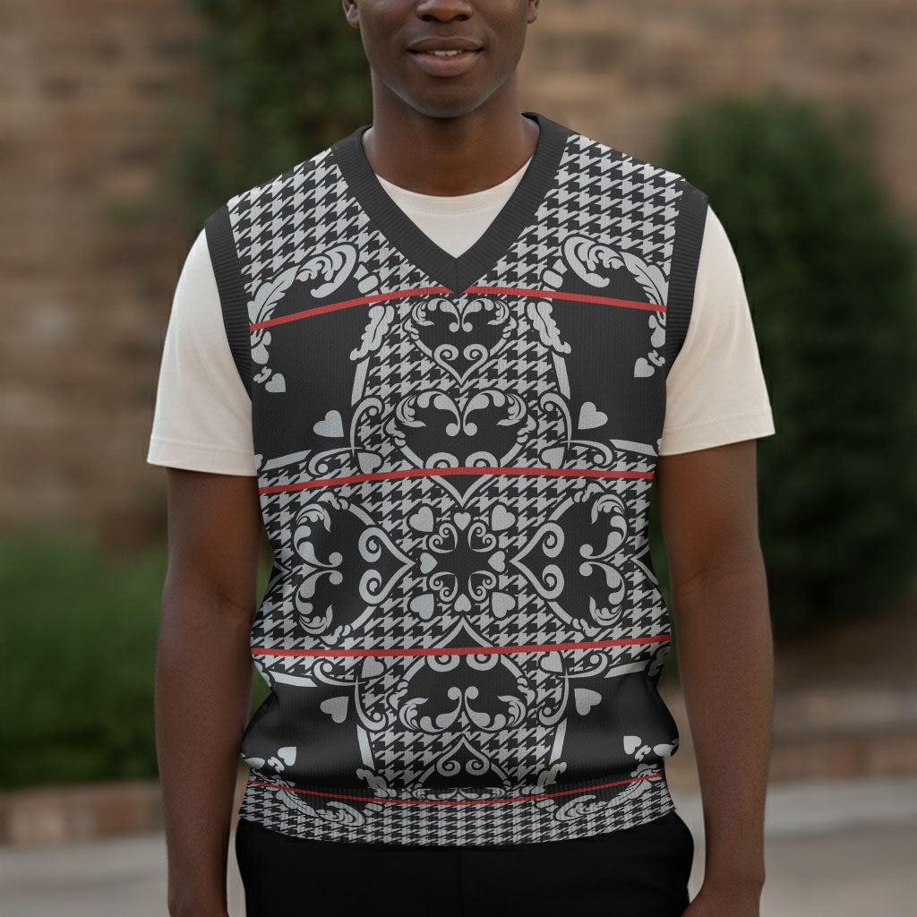 Charcoal Black Hearts Crown Traditional Geometry Christmas Knitted V-Neck Vest Seanamarena Basotho Blanket Inspired