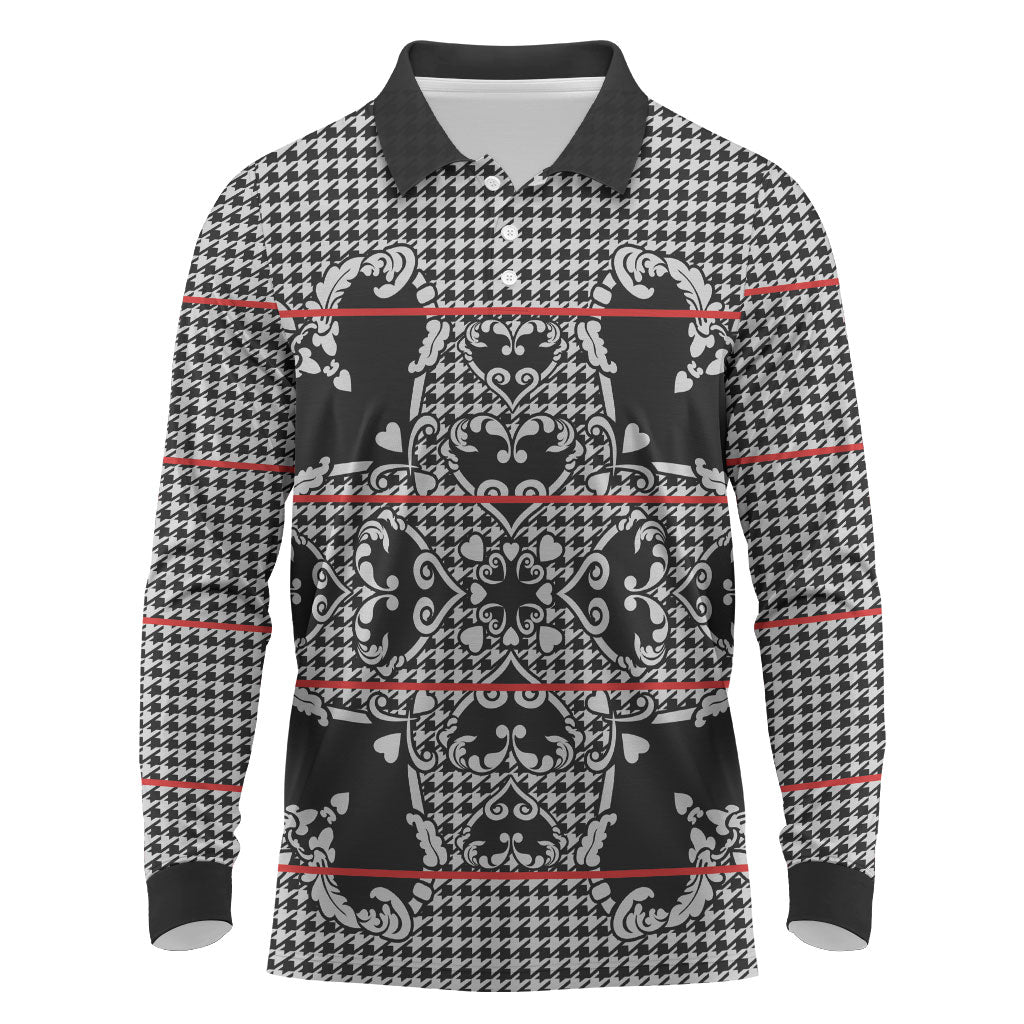 Charcoal Black Hearts Crown Traditional Geometry Long Sleeve Polo Shirt Seanamarena Basotho Blanket Inspired
