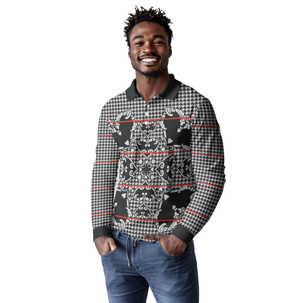 Charcoal Black Hearts Crown Traditional Geometry Long Sleeve Polo Shirt Seanamarena Basotho Blanket Inspired