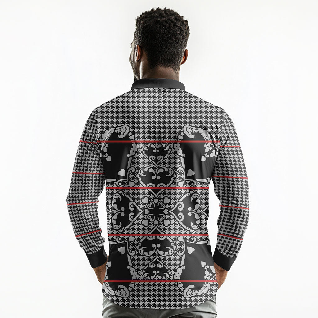 Charcoal Black Hearts Crown Traditional Geometry Long Sleeve Polo Shirt Seanamarena Basotho Blanket Inspired