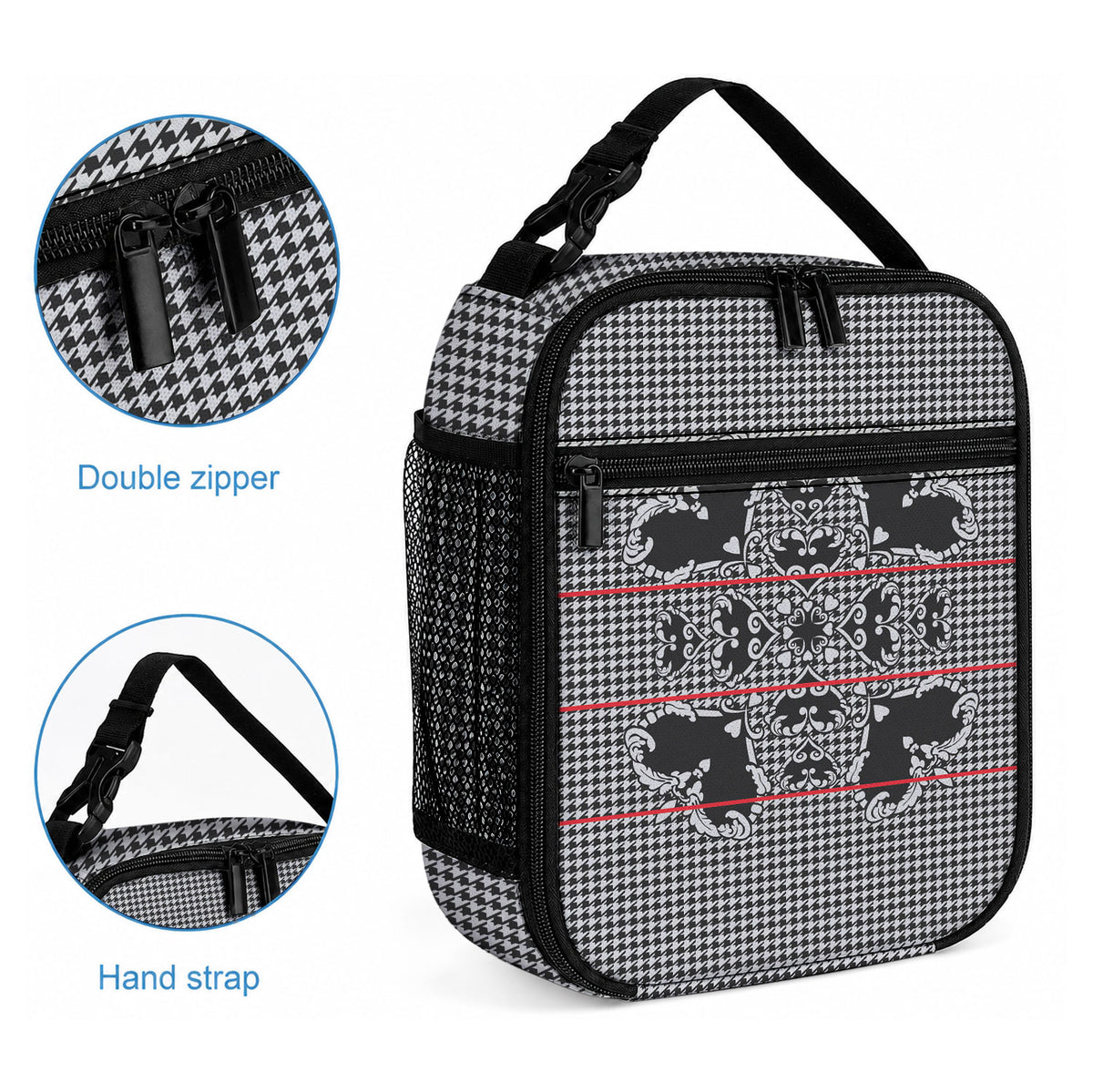 Charcoal Black Hearts Crown Traditional Geometry Lunch Bag Seanamarena Basotho Blanket Inspired