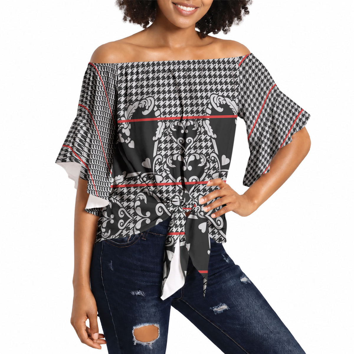 Charcoal Black Hearts Crown Traditional Geometry Off Shoulder Wrap Waist Top Seanamarena Basotho Blanket Inspired