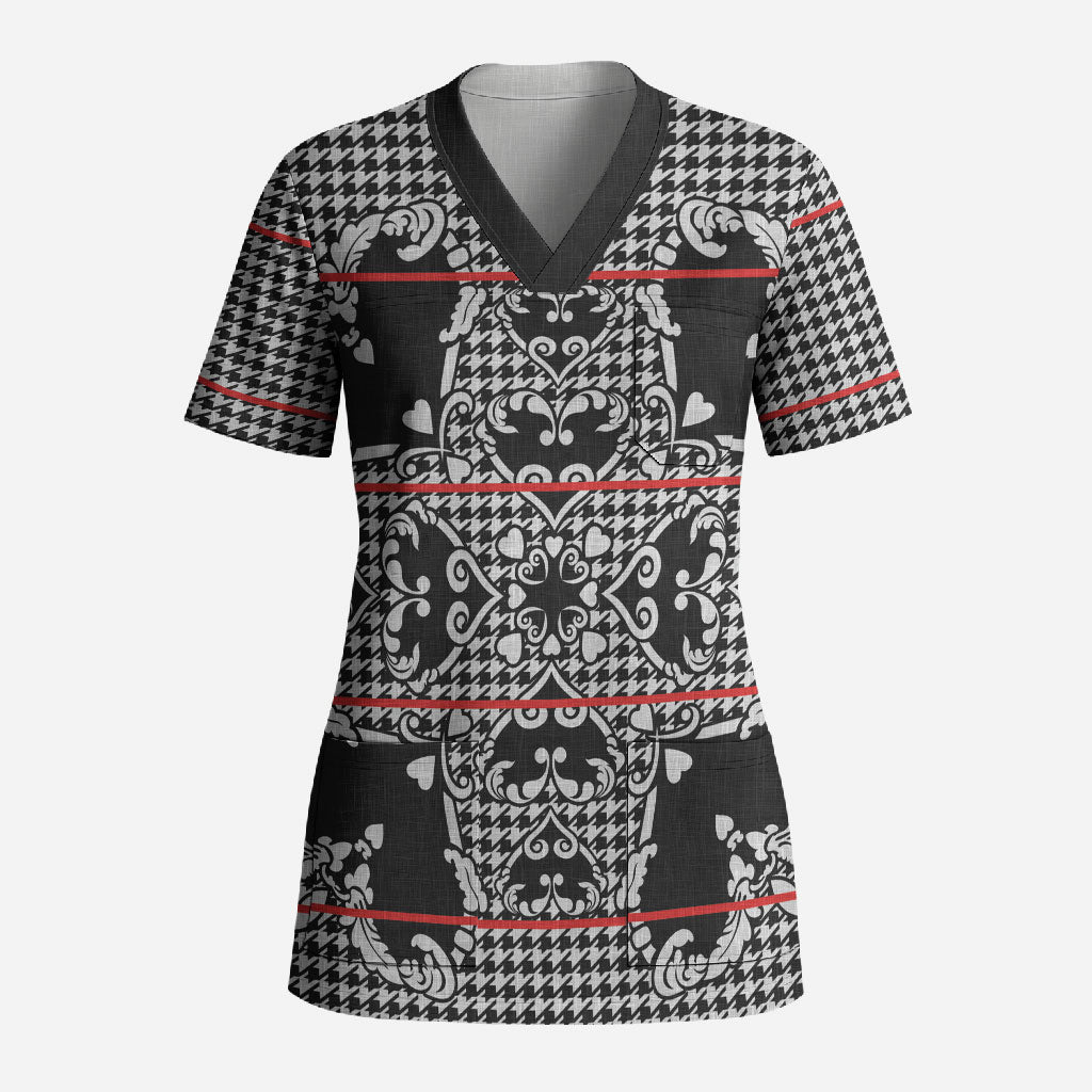 Charcoal Black Hearts Crown Traditional Geometry Scrub Top Seanamarena Basotho Blanket Inspired