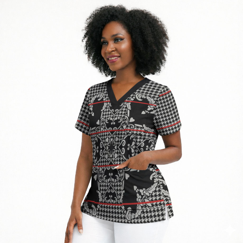 Charcoal Black Hearts Crown Traditional Geometry Scrub Top Seanamarena Basotho Blanket Inspired