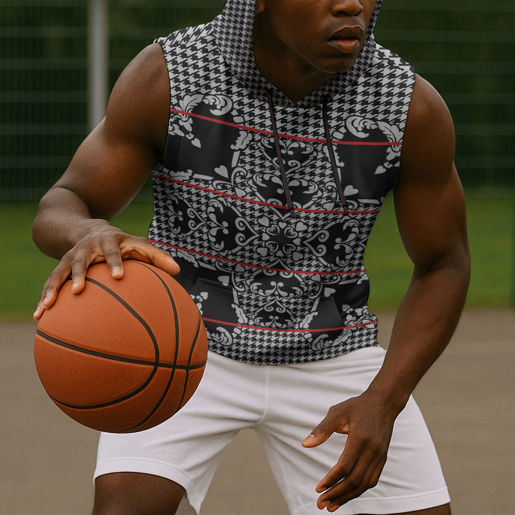 Charcoal Black Hearts Crown Traditional Geometry Sleeveless Hoodie Seanamarena Basotho Blanket Inspired