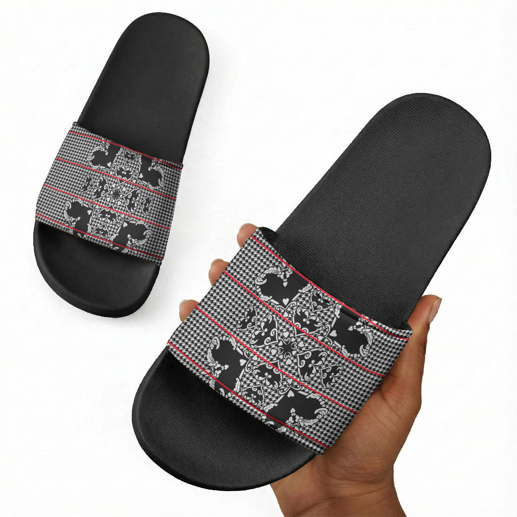 Charcoal Black Hearts Crown Traditional Geometry Slide Sandals Seanamarena Basotho Blanket Inspired