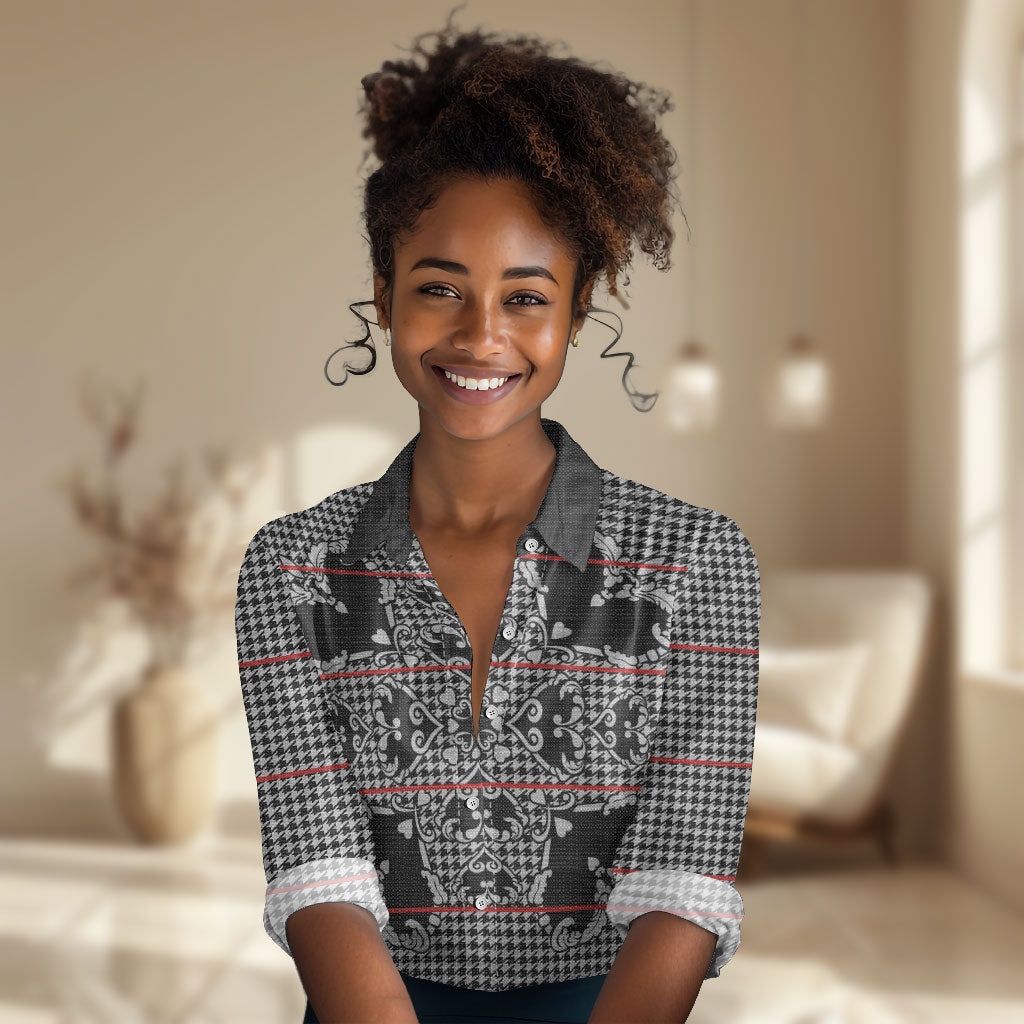 Charcoal Black Hearts Crown Traditional Geometry Women Casual Shirt Seanamarena Basotho Blanket Inspired