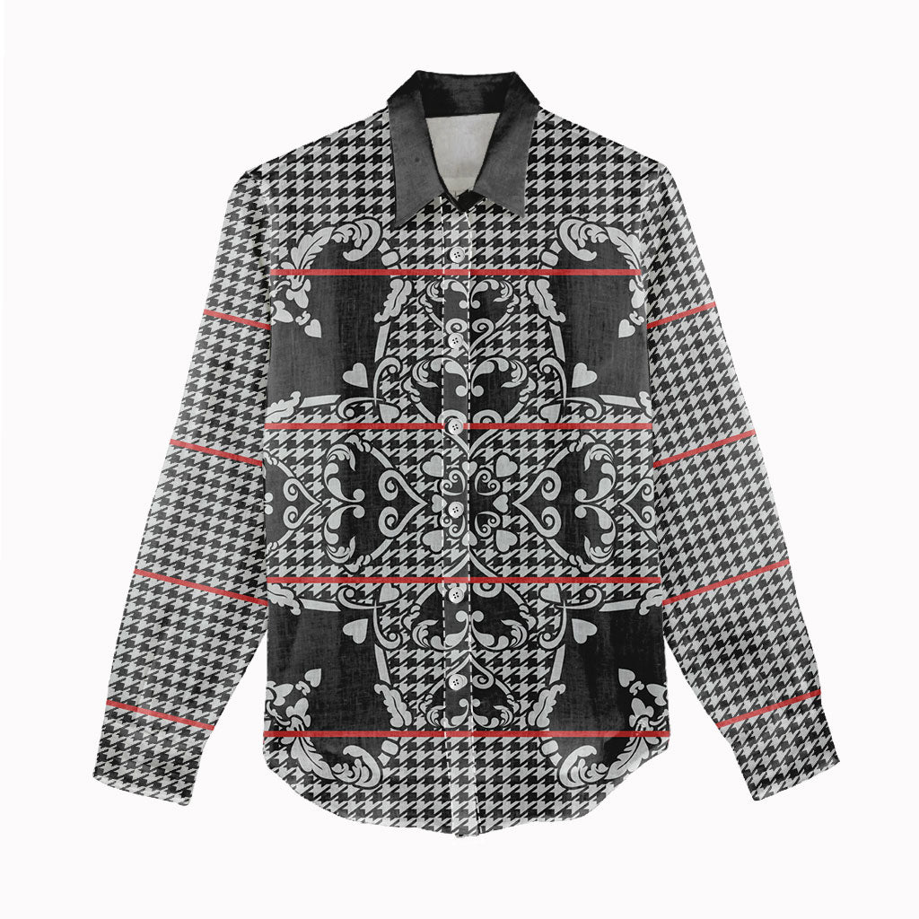 Charcoal Black Hearts Crown Traditional Geometry Women Casual Shirt Seanamarena Basotho Blanket Inspired