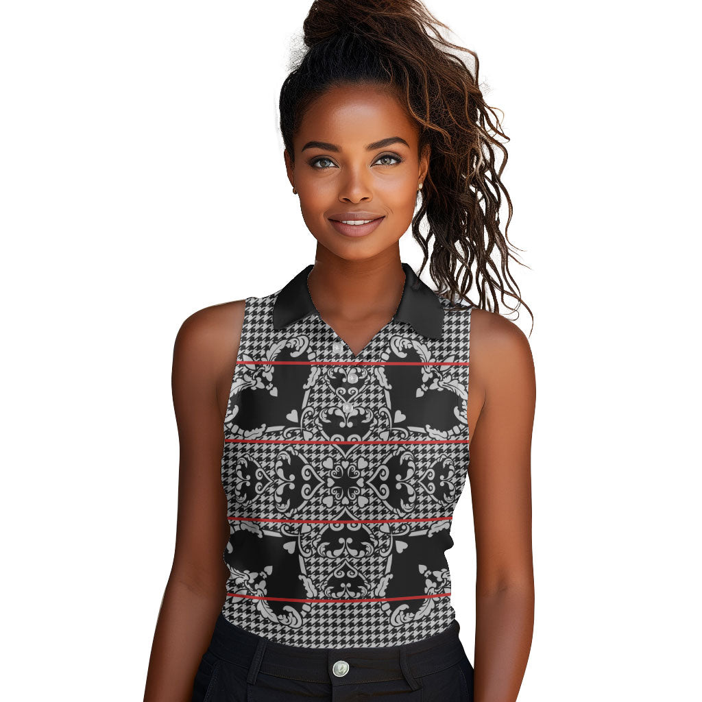 Charcoal Black Hearts Crown Traditional Geometry Women Sleeveless Polo Shirt Seanamarena Basotho Blanket Inspired