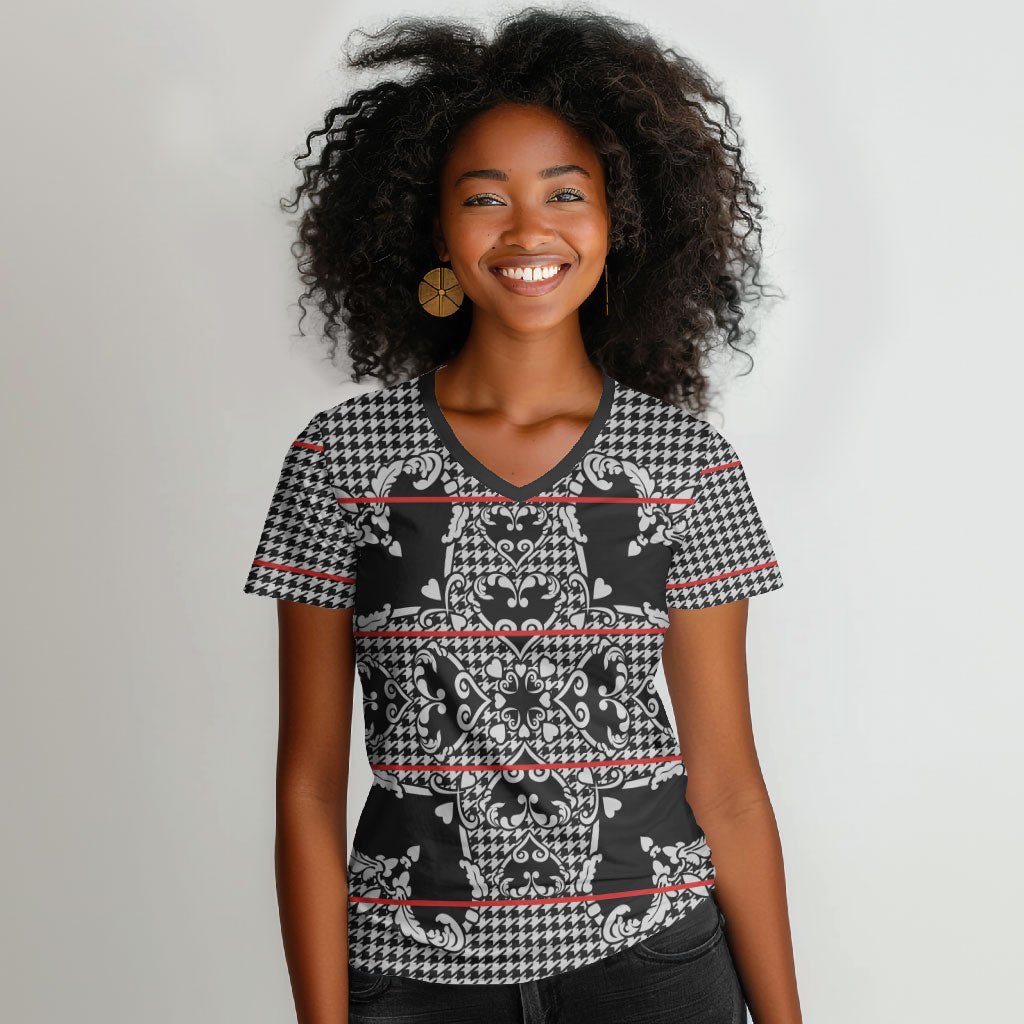 Charcoal Black Hearts Crown Traditional Geometry Women V-Neck T-Shirt Seanamarena Basotho Blanket Inspired