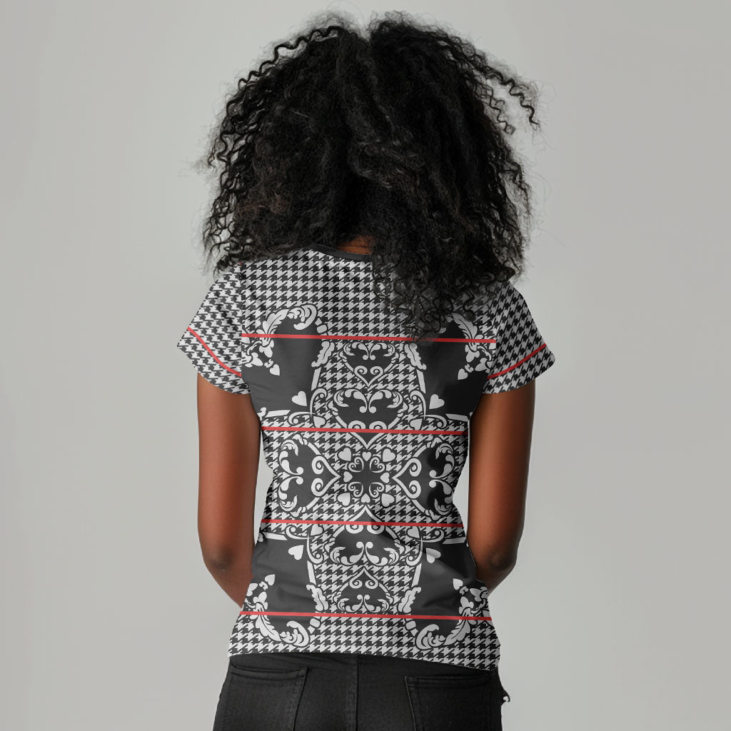 Charcoal Black Hearts Crown Traditional Geometry Women V-Neck T-Shirt Seanamarena Basotho Blanket Inspired