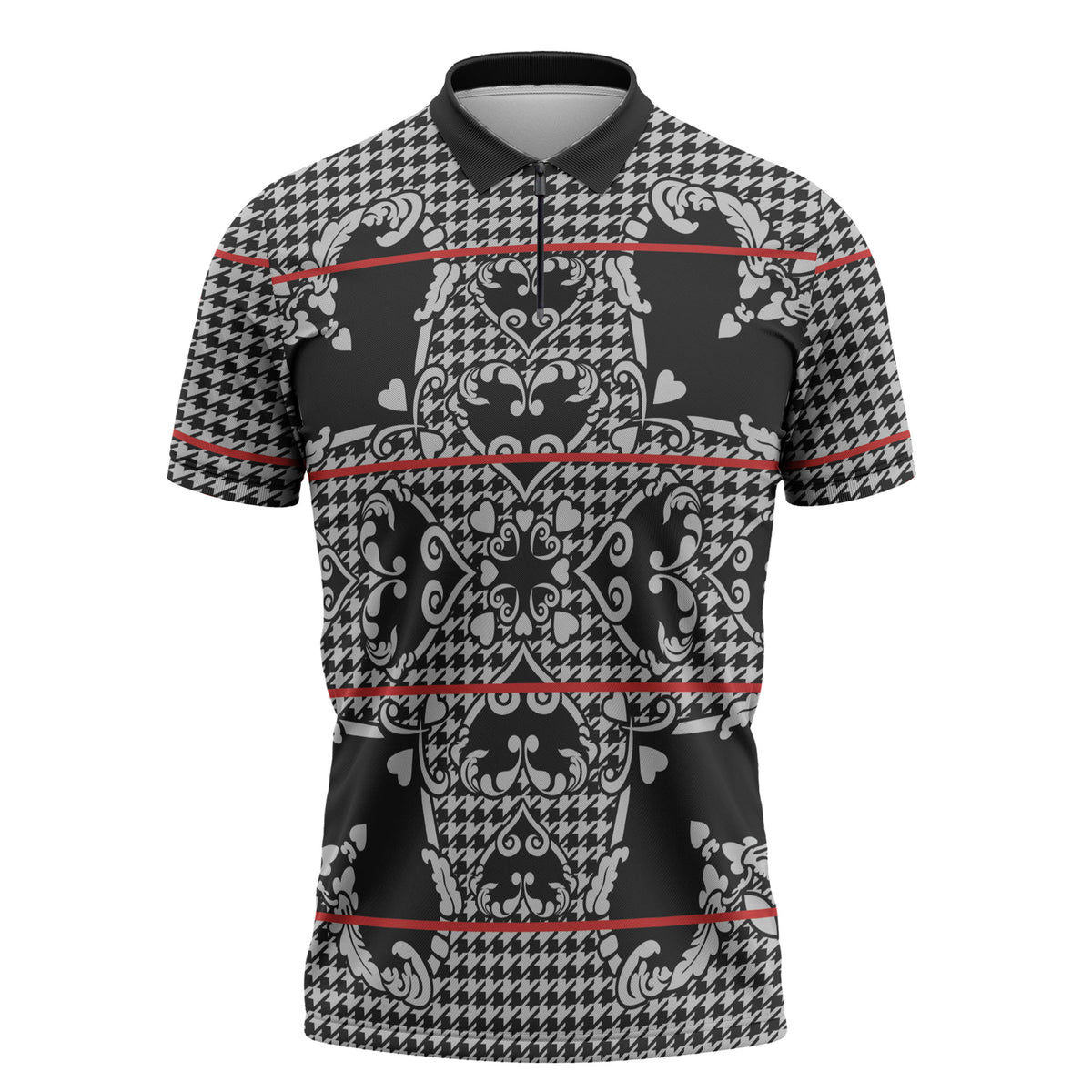 Charcoal Black Hearts Crown Traditional Geometry Zipper Polo Shirt Seanamarena Basotho Blanket Inspired