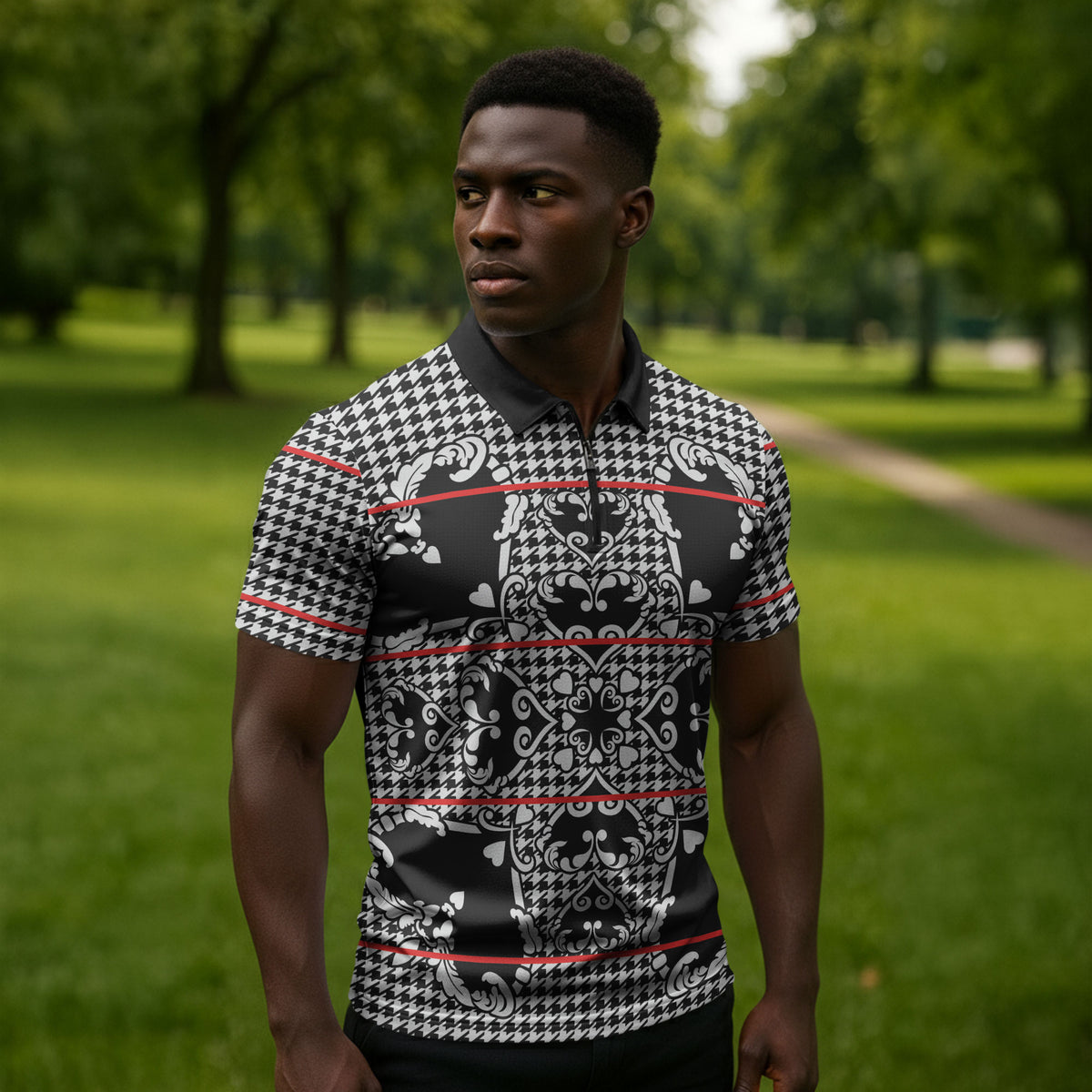 Charcoal Black Hearts Crown Traditional Geometry Zipper Polo Shirt Seanamarena Basotho Blanket Inspired
