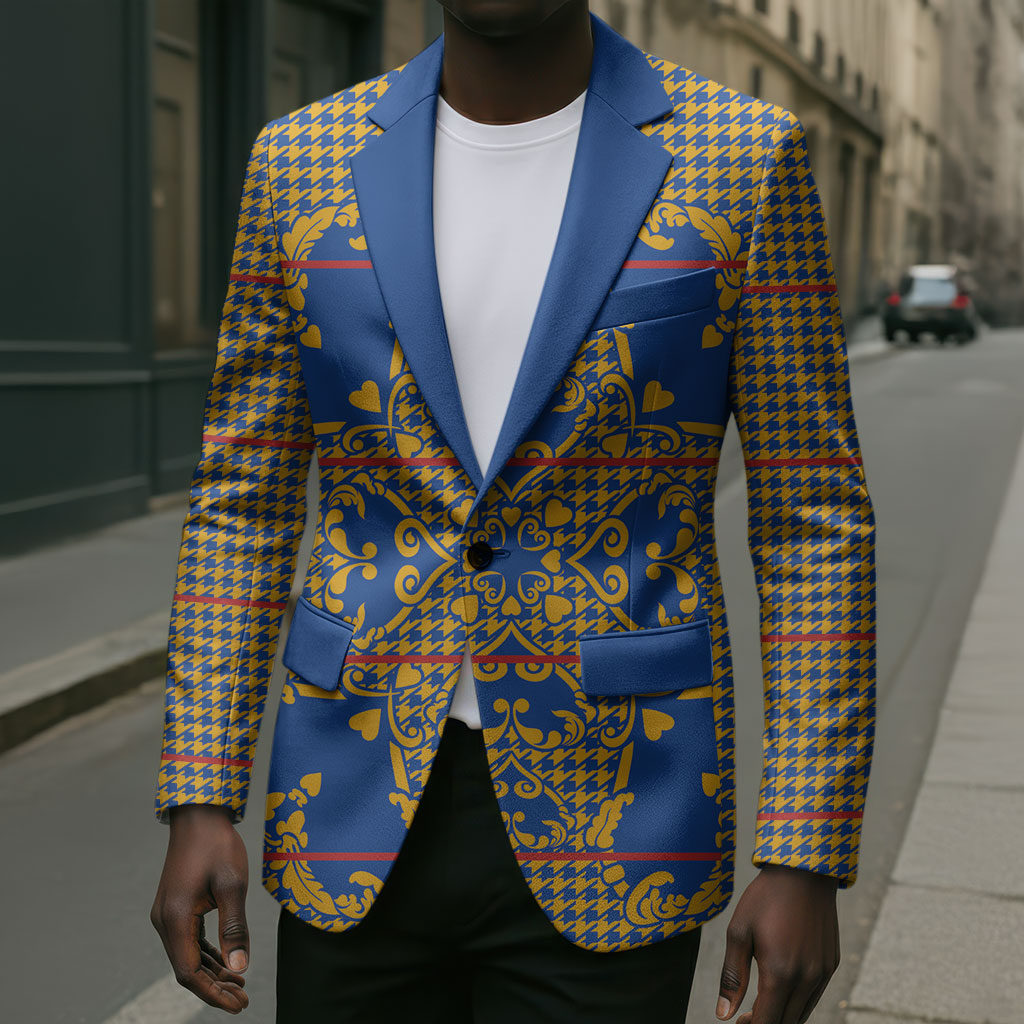 Cobalt Blue Hearts Crown Traditional Geometry Blazer Seanamarena Basotho Blanket Inspired