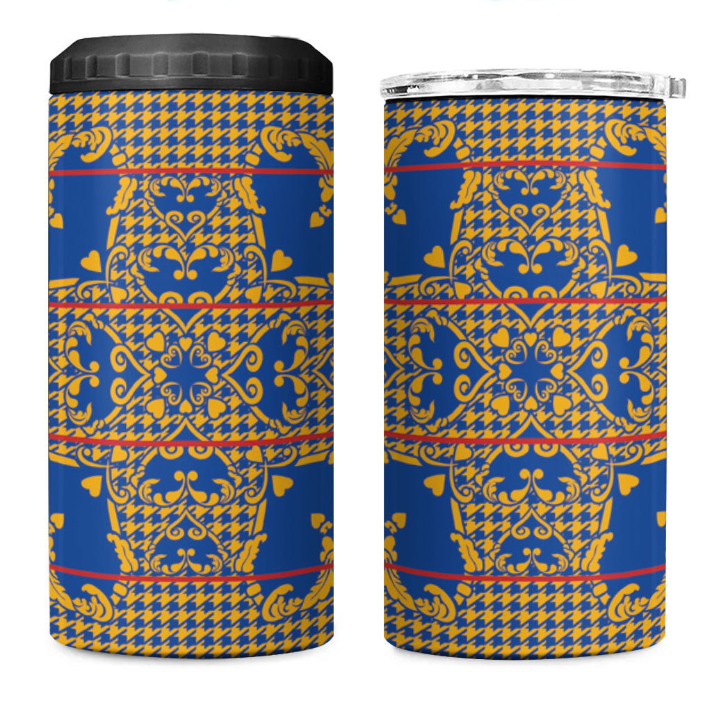 Cobalt Blue Hearts Crown Traditional Geometry 4 in 1 Can Cooler Tumbler Seanamarena Basotho Blanket Inspired