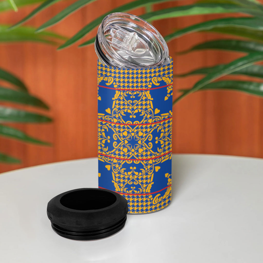 Cobalt Blue Hearts Crown Traditional Geometry 4 in 1 Can Cooler Tumbler Seanamarena Basotho Blanket Inspired