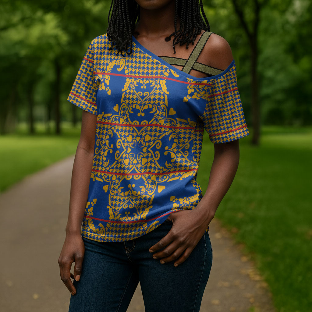 Cobalt Blue Hearts Crown Traditional Geometry Cross Shoulder Shirt Seanamarena Basotho Blanket Inspired