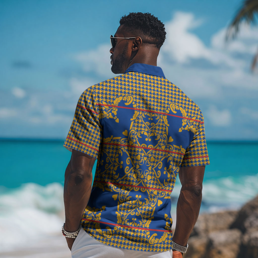 Cobalt Blue Hearts Crown Traditional Geometry Hawaiian Shirt Seanamarena Basotho Blanket Inspired