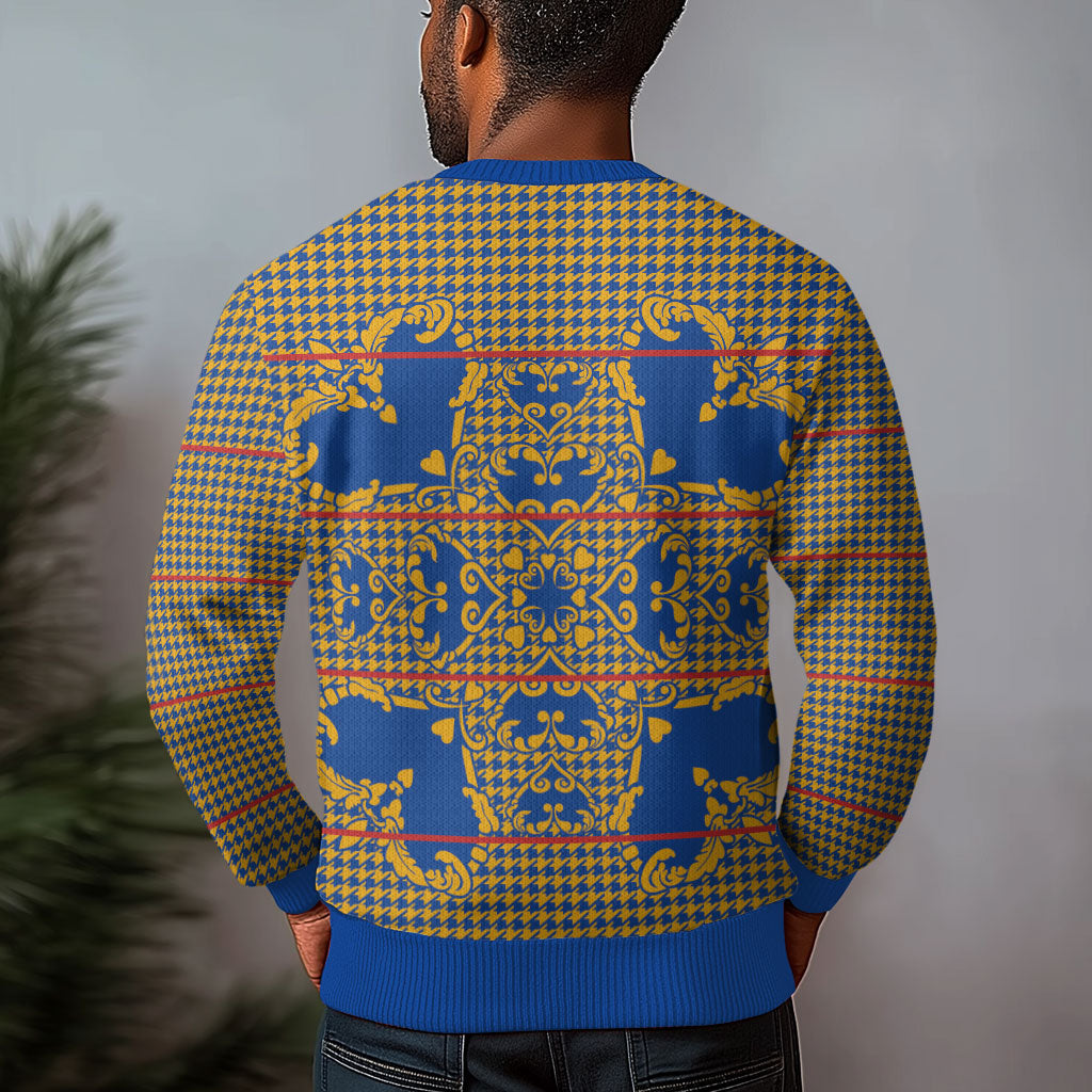Cobalt Blue Hearts Crown Traditional Geometry Ugly Christmas Sweater Seanamarena Basotho Blanket Inspired