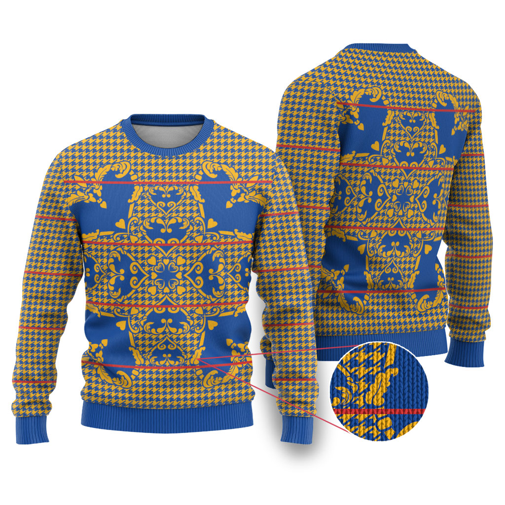 Cobalt Blue Hearts Crown Traditional Geometry Ugly Christmas Sweater Seanamarena Basotho Blanket Inspired