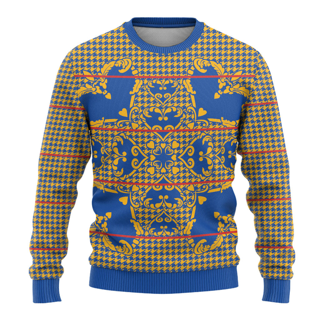 Cobalt Blue Hearts Crown Traditional Geometry Ugly Christmas Sweater Seanamarena Basotho Blanket Inspired