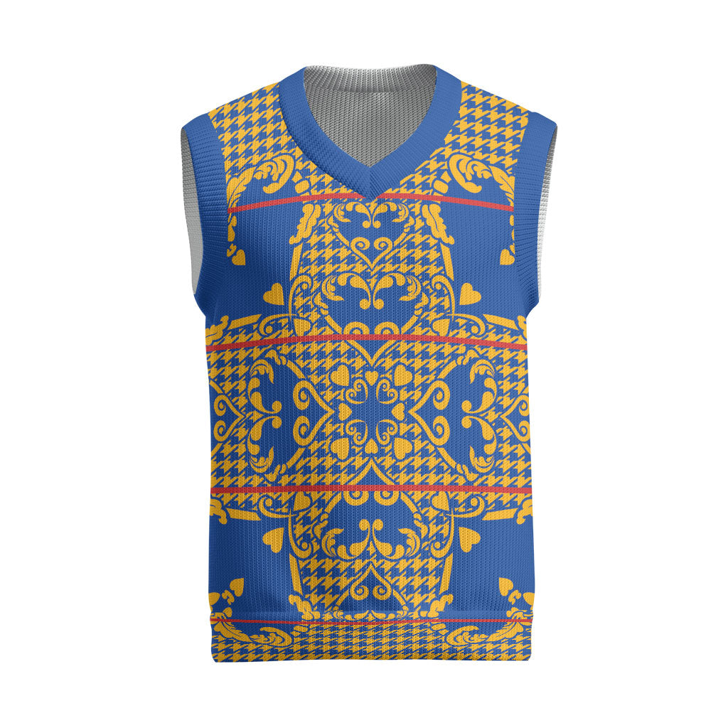 Cobalt Blue Hearts Crown Traditional Geometry Christmas Knitted V-Neck Vest Seanamarena Basotho Blanket Inspired