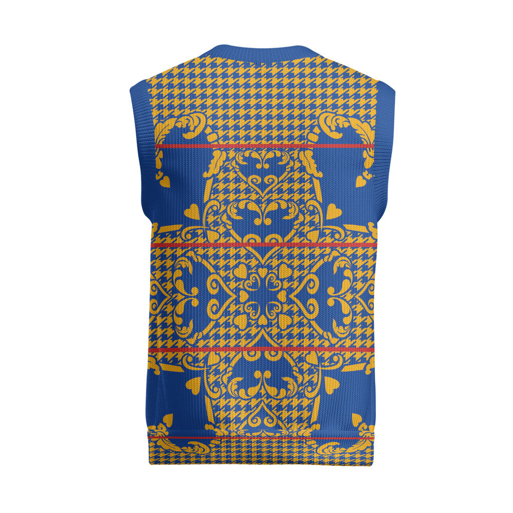 Cobalt Blue Hearts Crown Traditional Geometry Christmas Knitted V-Neck Vest Seanamarena Basotho Blanket Inspired