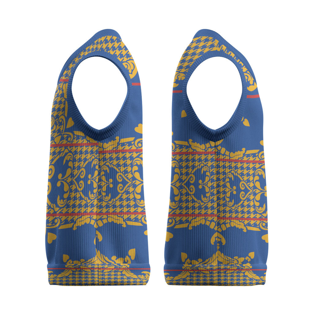 Cobalt Blue Hearts Crown Traditional Geometry Christmas Knitted V-Neck Vest Seanamarena Basotho Blanket Inspired