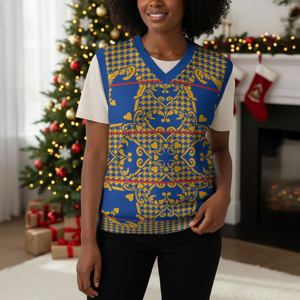 Cobalt Blue Hearts Crown Traditional Geometry Christmas Knitted V-Neck Vest Seanamarena Basotho Blanket Inspired
