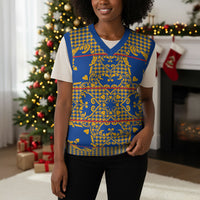 Cobalt Blue Hearts Crown Traditional Geometry Christmas Knitted V-Neck Vest Seanamarena Basotho Blanket Inspired