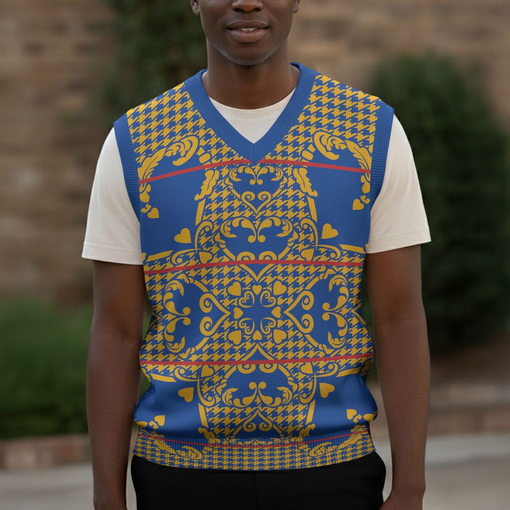 Cobalt Blue Hearts Crown Traditional Geometry Christmas Knitted V-Neck Vest Seanamarena Basotho Blanket Inspired