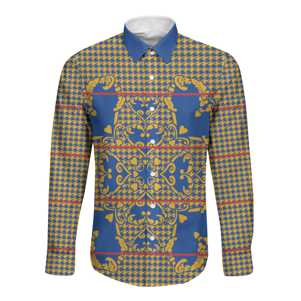 Cobalt Blue Hearts Crown Traditional Geometry Long Sleeve Button Shirt Seanamarena Basotho Blanket Inspired