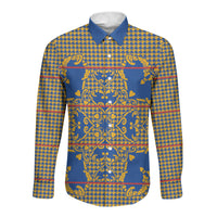 Cobalt Blue Hearts Crown Traditional Geometry Long Sleeve Button Shirt Seanamarena Basotho Blanket Inspired
