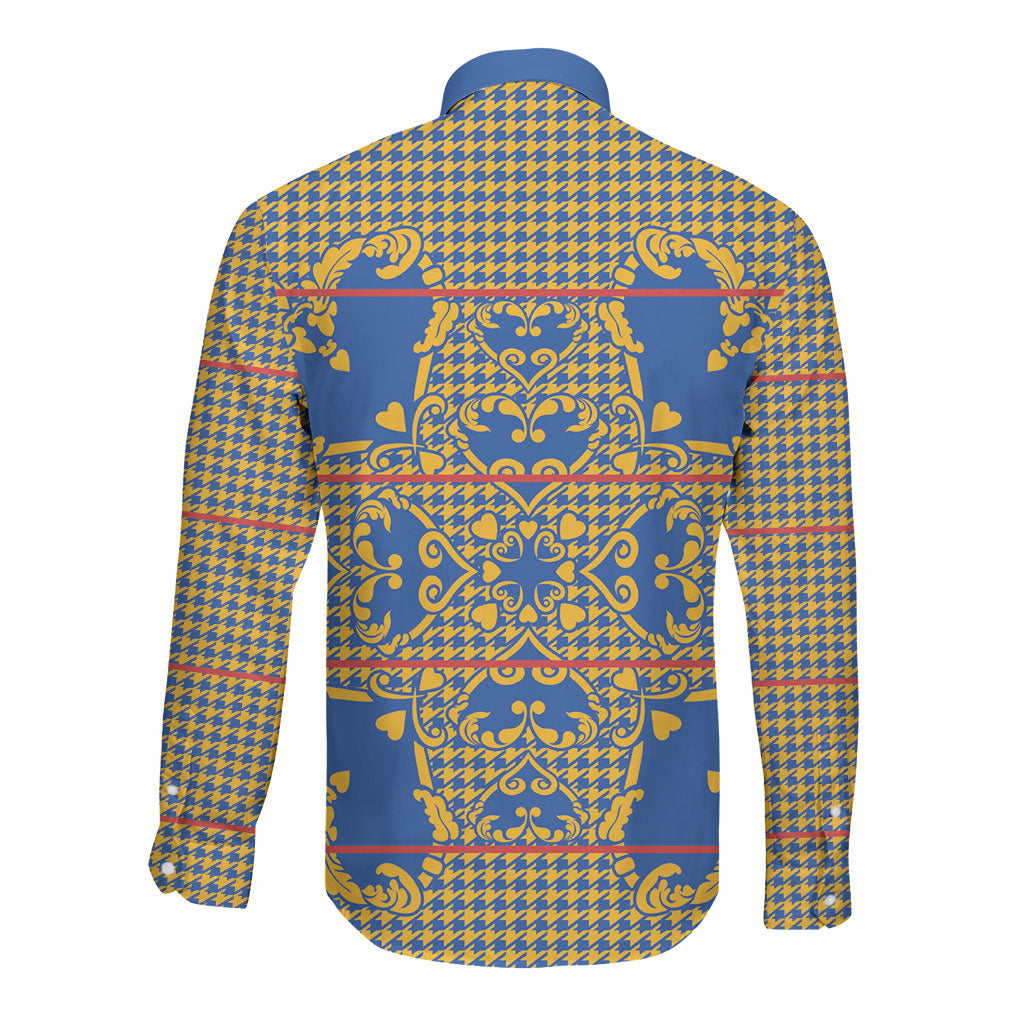 Cobalt Blue Hearts Crown Traditional Geometry Long Sleeve Button Shirt Seanamarena Basotho Blanket Inspired