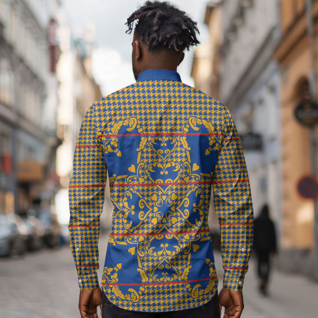 Cobalt Blue Hearts Crown Traditional Geometry Long Sleeve Button Shirt Seanamarena Basotho Blanket Inspired