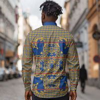 Cobalt Blue Hearts Crown Traditional Geometry Long Sleeve Button Shirt Seanamarena Basotho Blanket Inspired