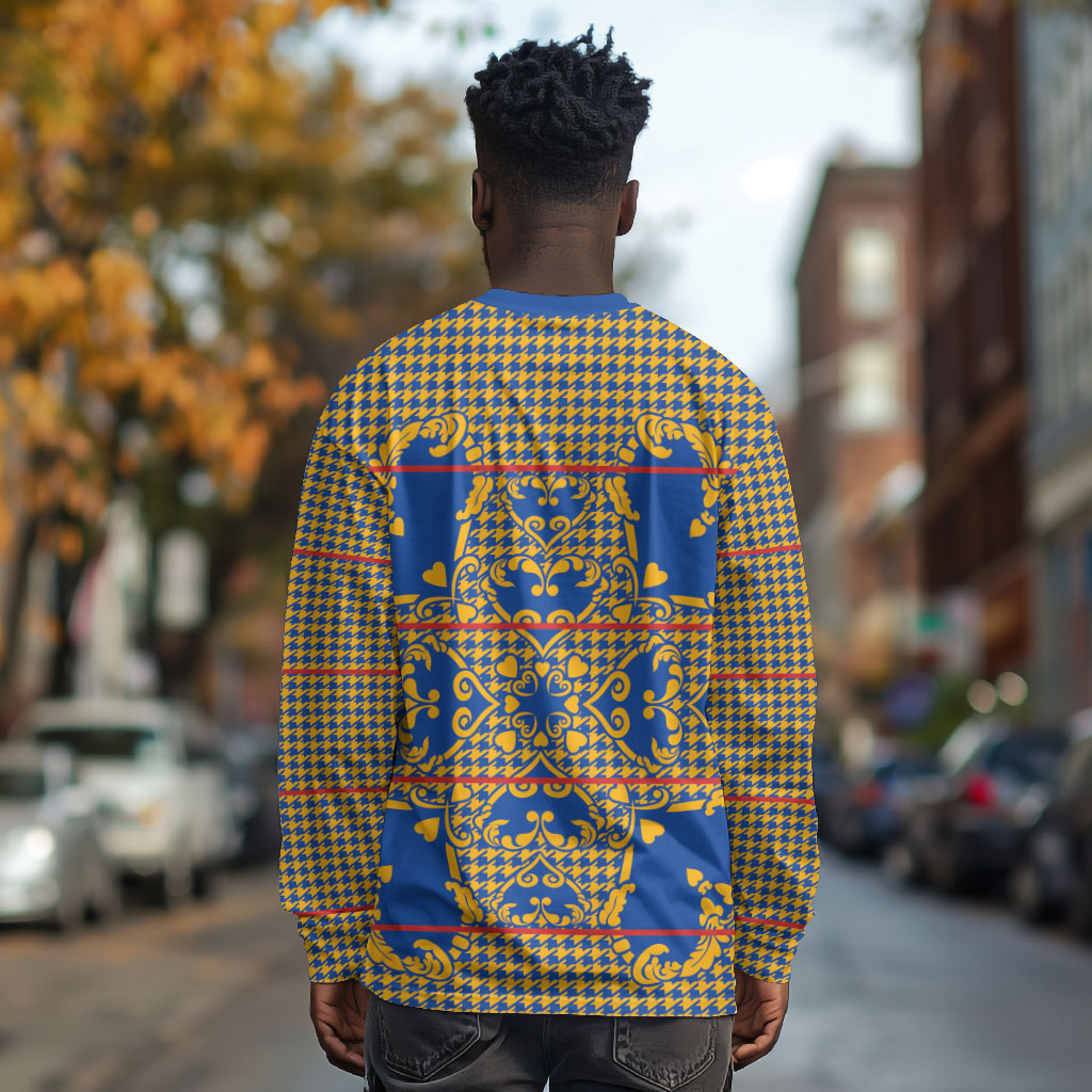 Cobalt Blue Hearts Crown Traditional Geometry Long Sleeve Shirt Seanamarena Basotho Blanket Inspired