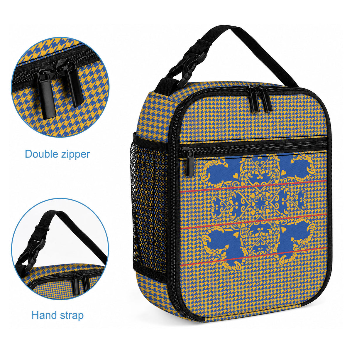 Cobalt Blue Hearts Crown Traditional Geometry Lunch Bag Seanamarena Basotho Blanket Inspired