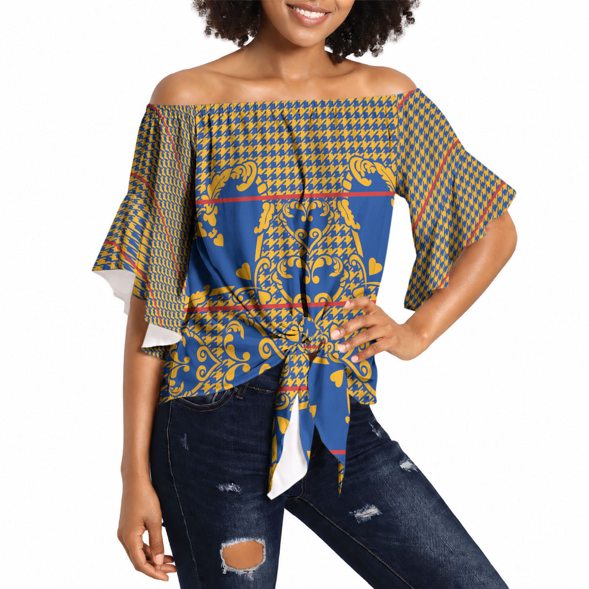 Cobalt Blue Hearts Crown Traditional Geometry Off Shoulder Wrap Waist Top Seanamarena Basotho Blanket Inspired