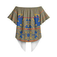 Cobalt Blue Hearts Crown Traditional Geometry Off Shoulder Wrap Waist Top Seanamarena Basotho Blanket Inspired