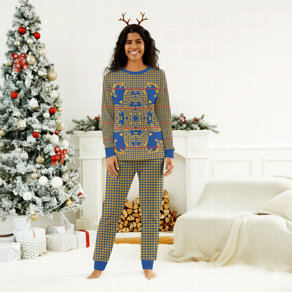 Cobalt Blue Hearts Crown Traditional Geometry Christmas Pajama Set Seanamarena Basotho Blanket Inspired