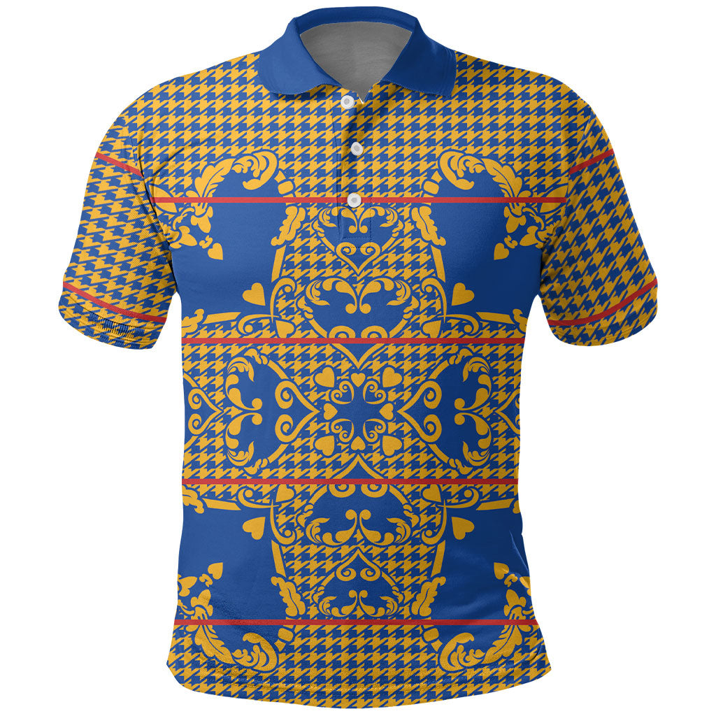 Cobalt Blue Hearts Crown Traditional Geometry Polo Shirt Seanamarena Basotho Blanket Inspired