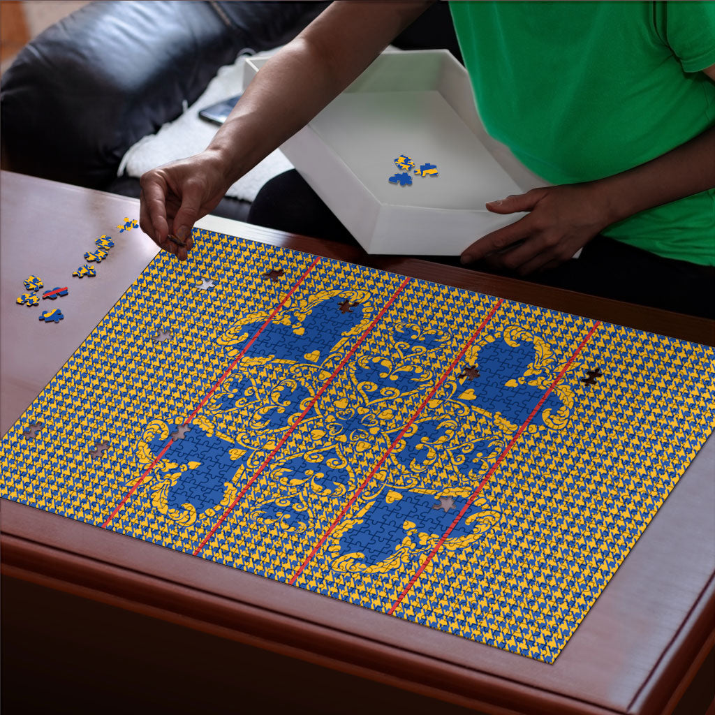 Cobalt Blue Hearts Crown Traditional Geometry Puzzle Seanamarena Basotho Blanket Inspired